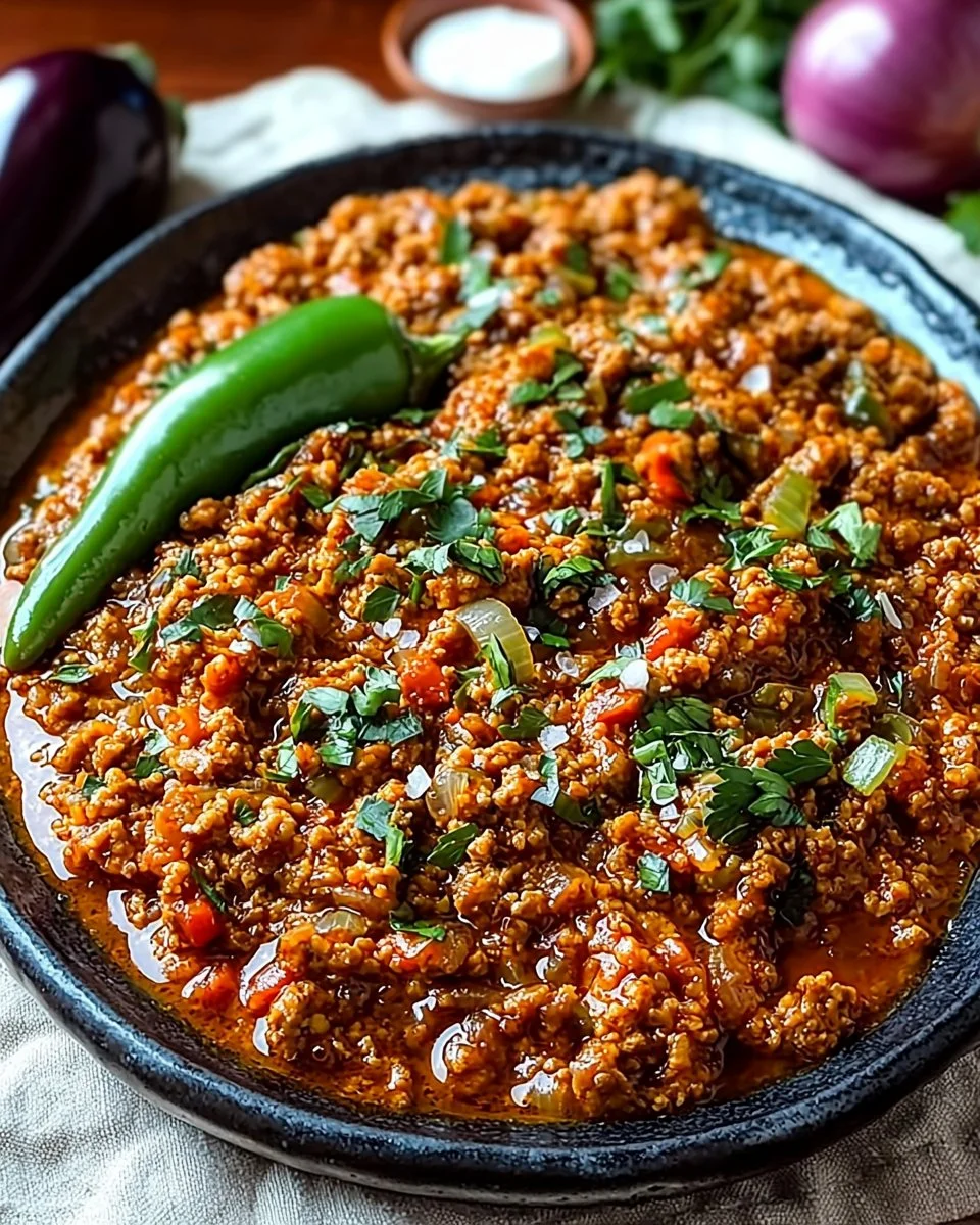 Delicious Alinazik dish with eggplant and minced meat served in a traditional Turkish style.