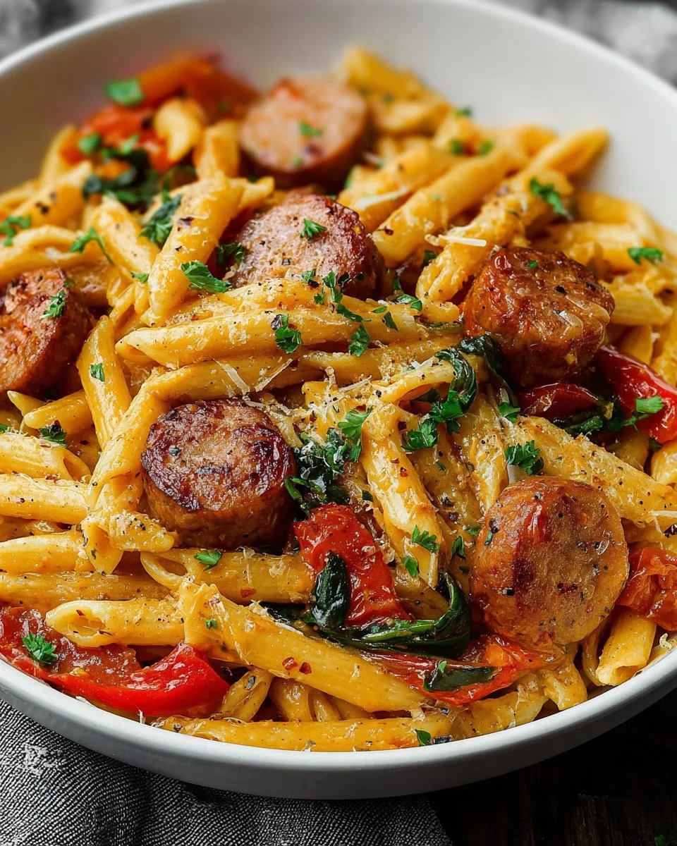 Delicious Cajun Sausage Pasta dish with a rich, spicy sauce and fresh ingredients.