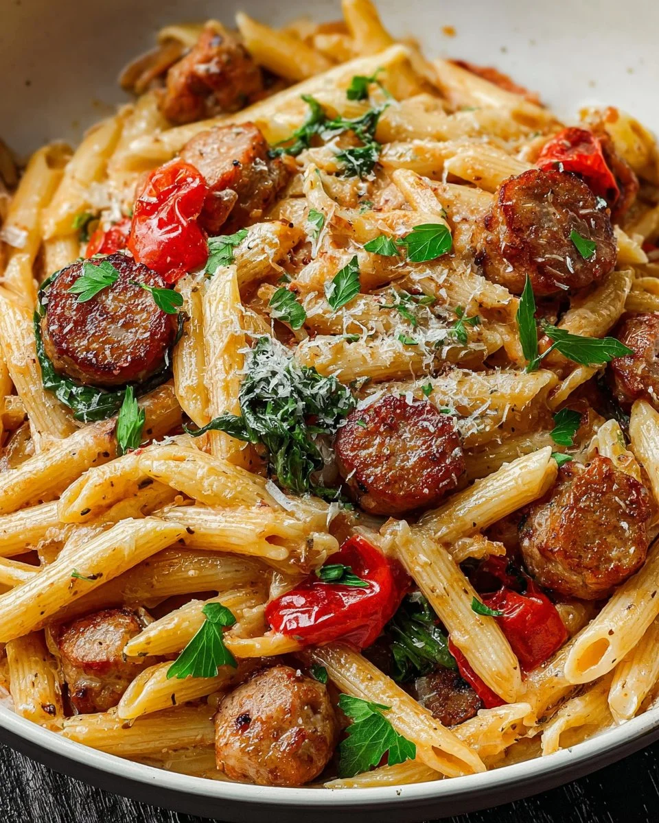 Bowl of Cajun Sausage Pasta with colorful peppers and creamy sauce