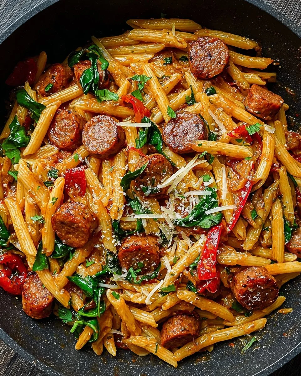 Delicious Cajun Sausage Pasta served with fresh herbs and spices
