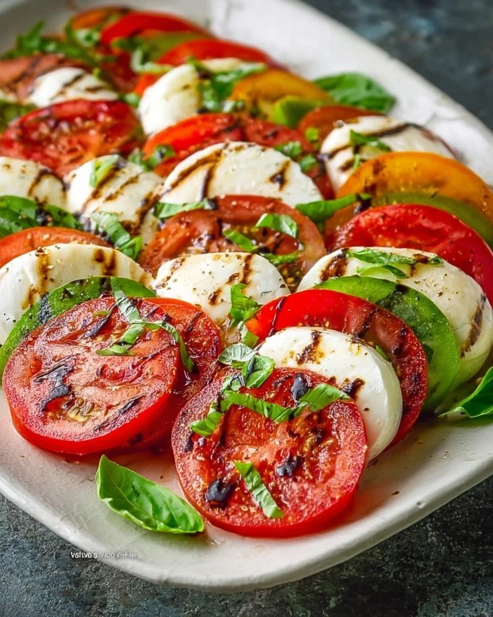 Fresh Caprese Salad with tomatoes, mozzarella, and basil on a white plate.