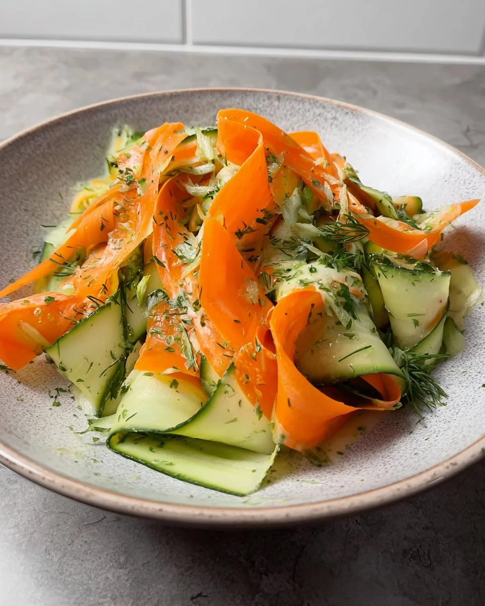 Colorful Carrot & Cucumber Ribbon Salad on a plate
