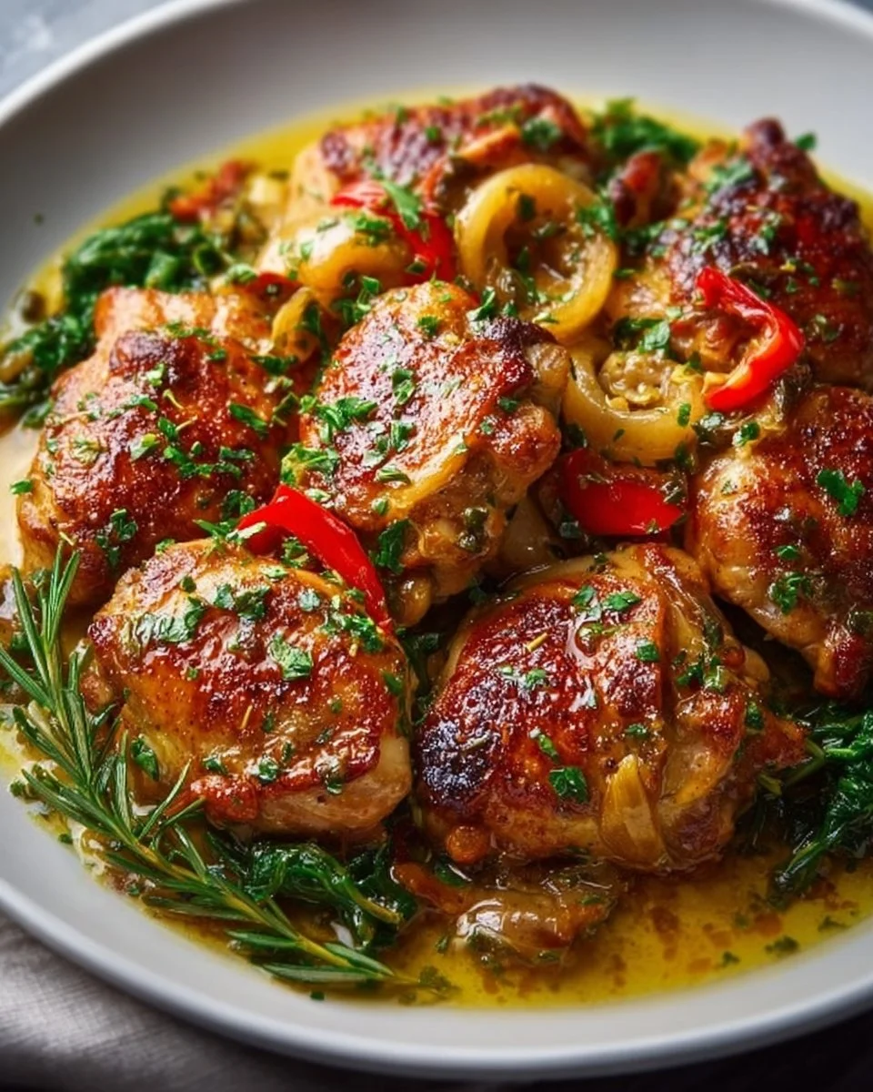 Delicious scarpariello chicken dish served with herbs and peppers