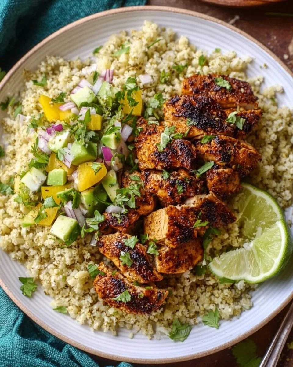Cilantro Lime Chicken served with riced cauliflower on a plate