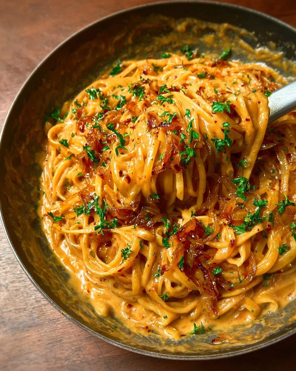 Delicious creamy caramelized onion pasta served in a bowl