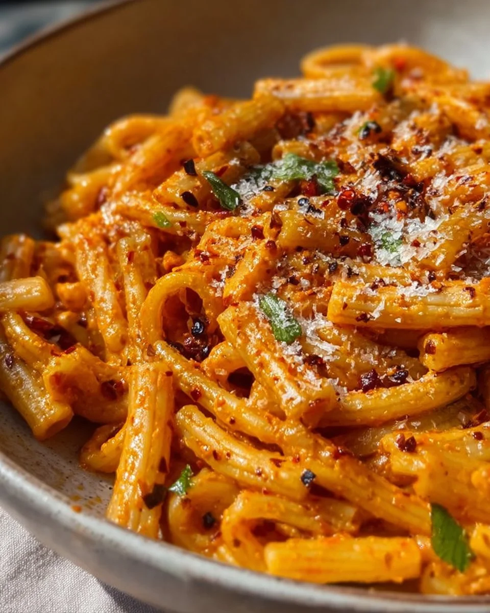 Delicious creamy chili oil pasta topped with fresh herbs and spices.