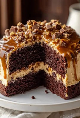 Creamy Chocolate Caramel Toffee Crunch Cake with rich layers and toppings.