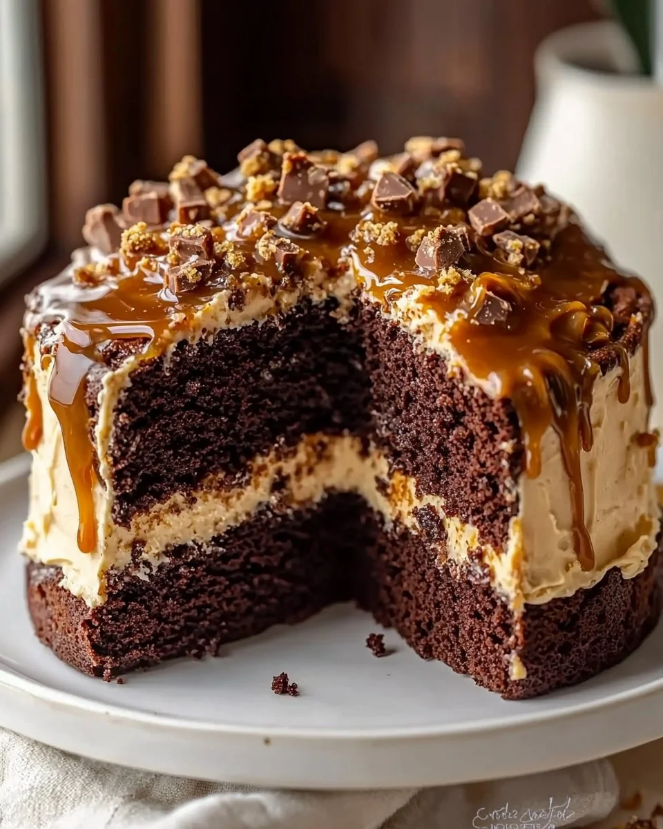 Creamy Chocolate Caramel Toffee Crunch Cake with rich layers and toppings.