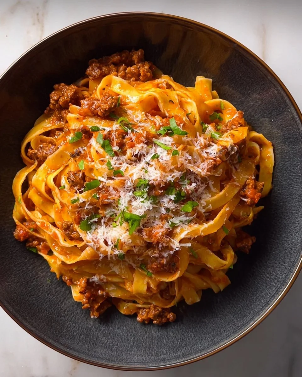 Creamy Fettuccine Bolognese with rich sauce and fresh herbs on a plate