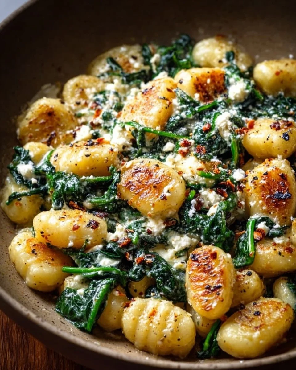 Creamy gnocchi dish made with spinach and feta cheese