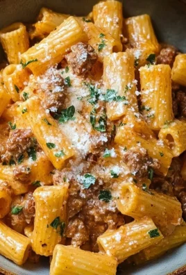 Bowl of creamy Italian Sausage Rigatoni topped with fresh herbs