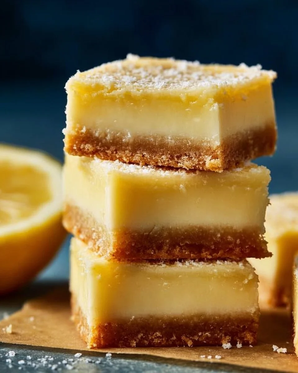 Delicious creamy lemon squares on a plate garnished with lemon zest