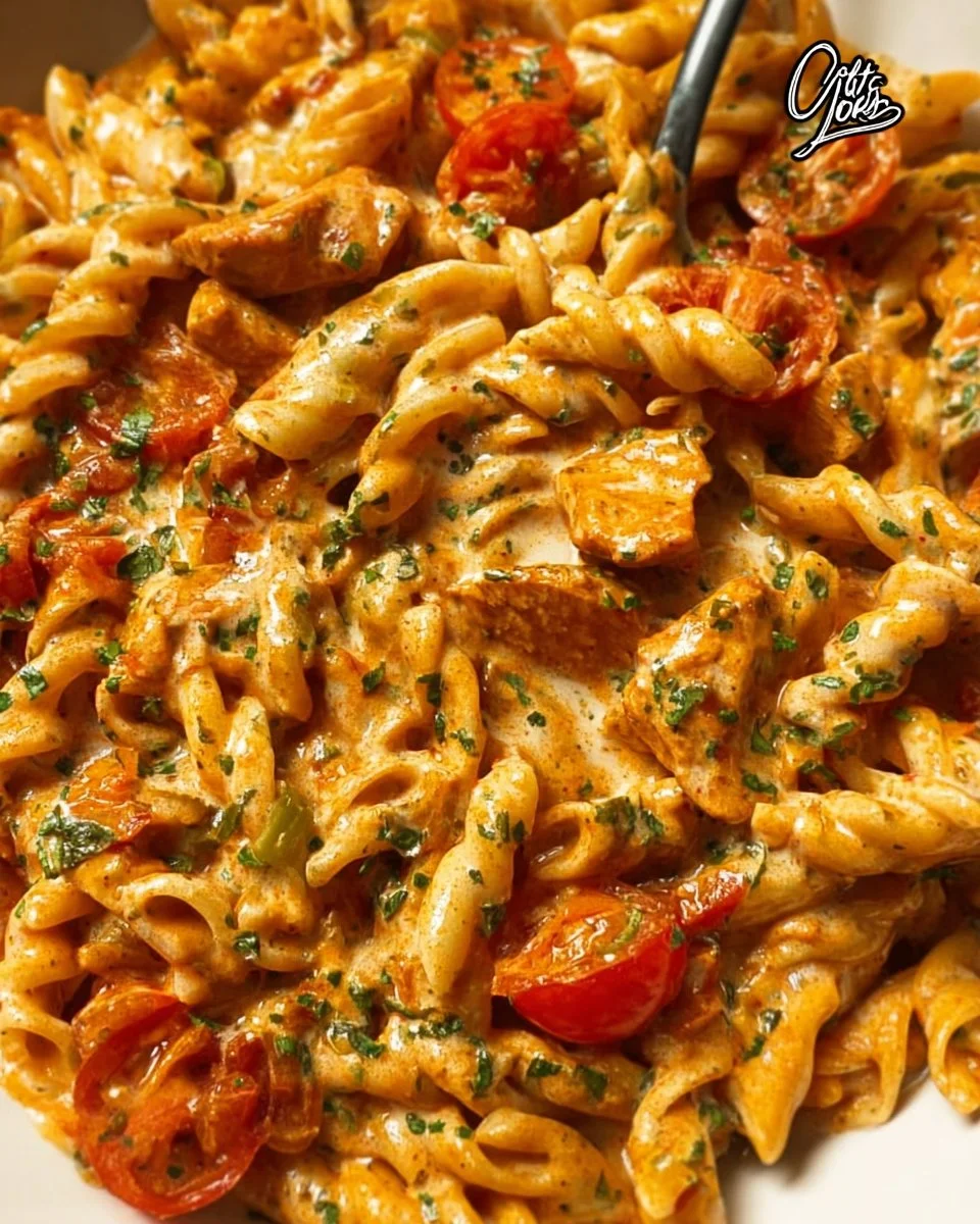 Creamy tomato chicken pasta dish with herbs and cheese