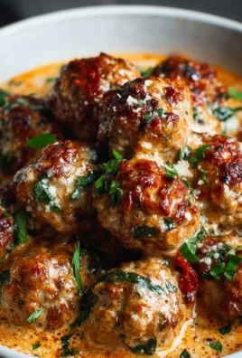 Creamy Tuscan low carb meatballs served on a plate with herbs