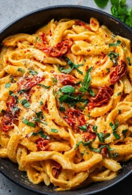 Creamy vegan sun-dried tomato pasta garnished with fresh herbs