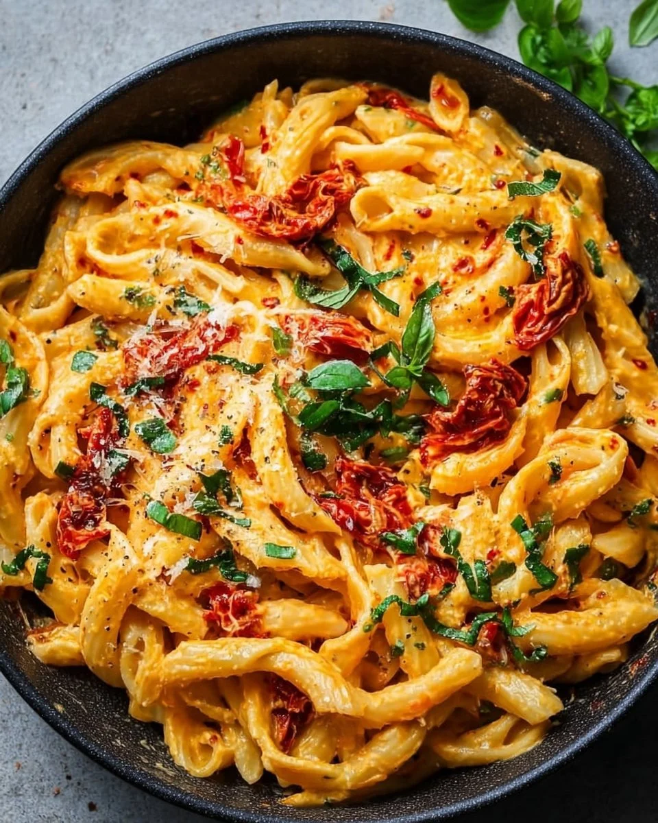 Creamy vegan sun-dried tomato pasta garnished with fresh herbs