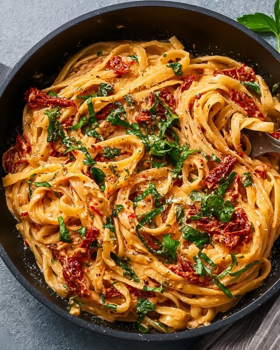 Creamy vegan sun-dried tomato pasta in a bowl, garnished with fresh basil