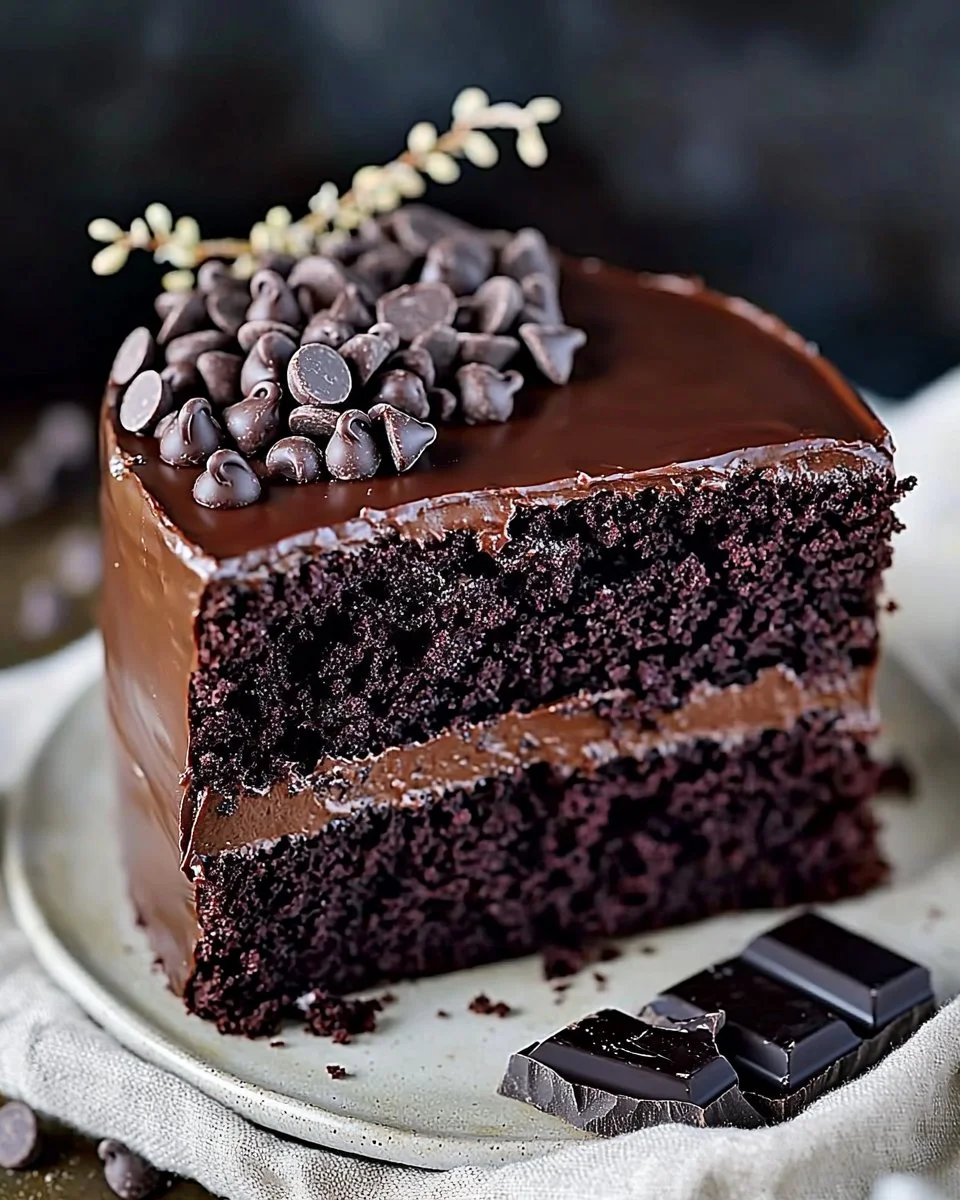Deliciously rich Dark Chocolate Fudge Cake topped with chocolate ganache.