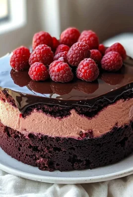Delicious dark chocolate raspberry mousse cake topped with fresh raspberries.