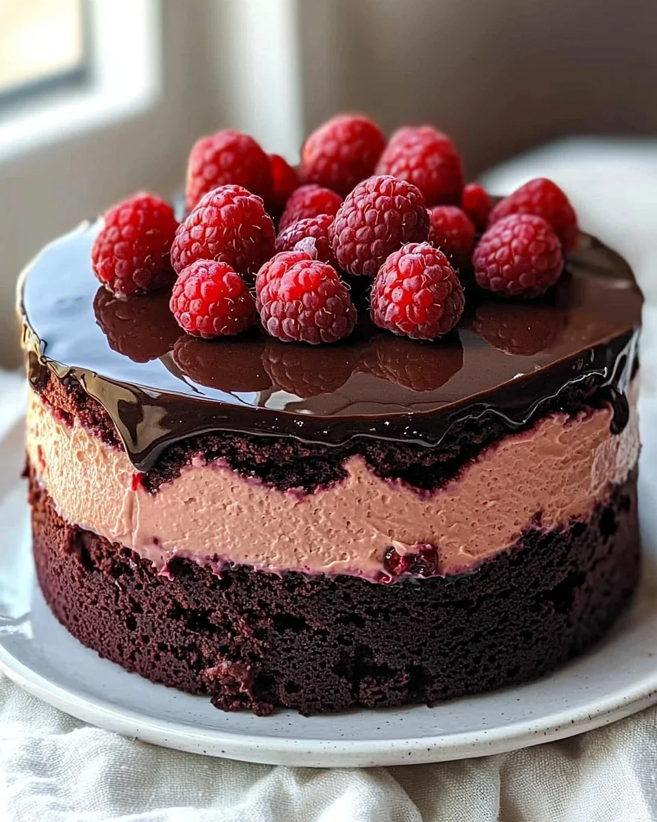 Delicious dark chocolate raspberry mousse cake topped with fresh raspberries.