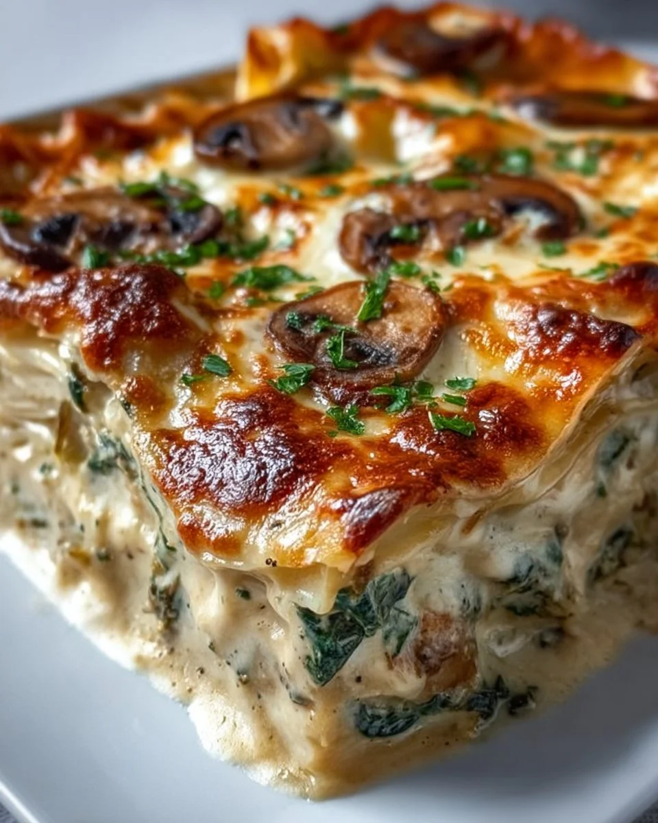 Creamy spinach mushroom lasagna fresh out of the oven with melted cheese