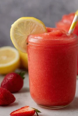 Chilled frozen strawberry lemonade in a glass with fresh strawberries
