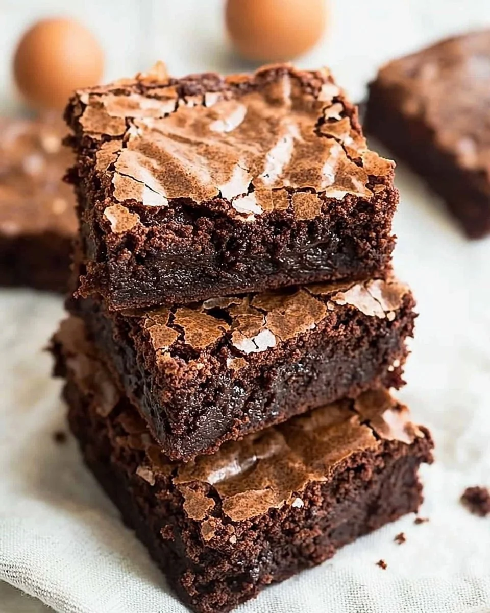 Fudgy brownies with a crackly top displayed on a rustic wooden table.