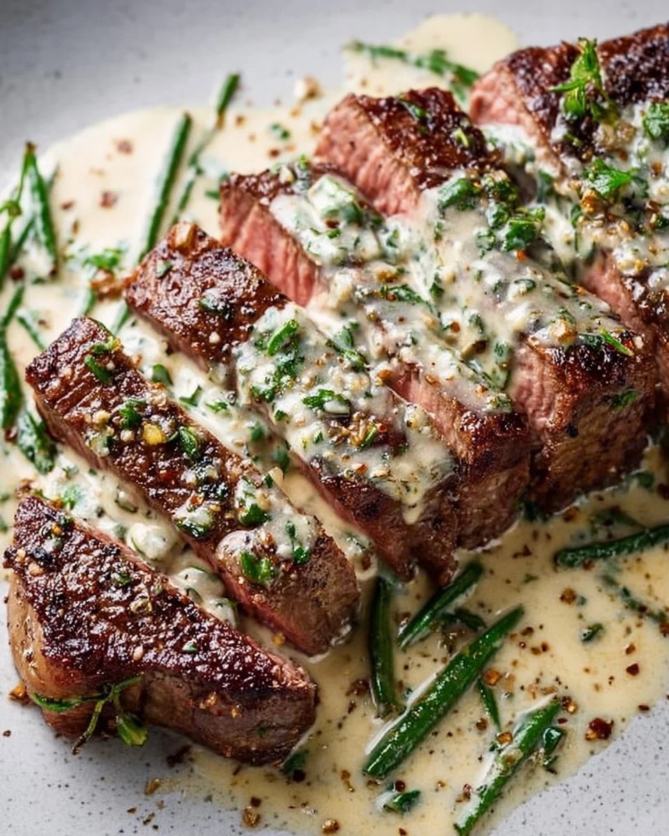 Succulent Garlic Butter Steak drizzled with creamy Parmesan sauce