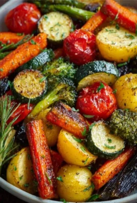 Plate of delicious garlic roasted vegetables with colorful bell peppers and zucchini