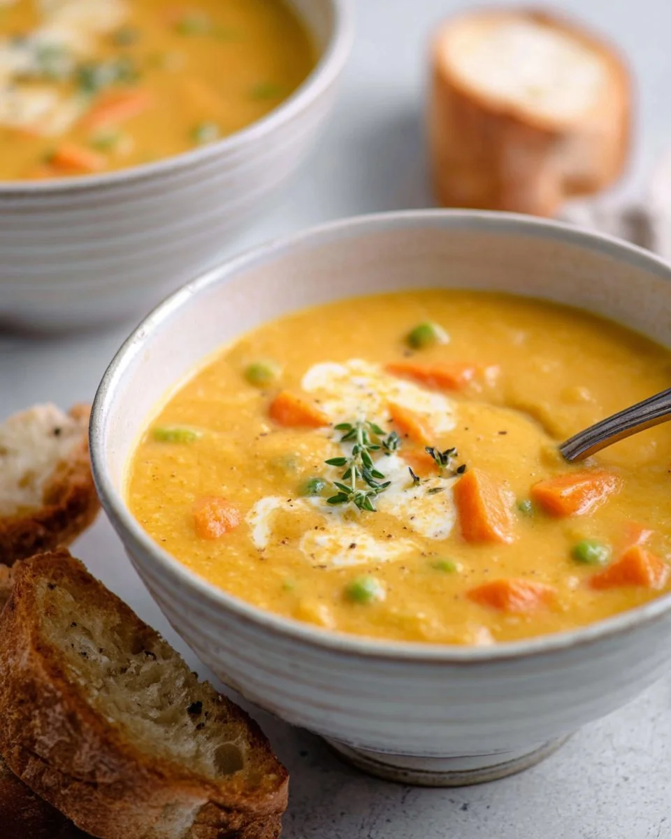 Hearty creamy vegetable soup in a bowl garnished with fresh herbs