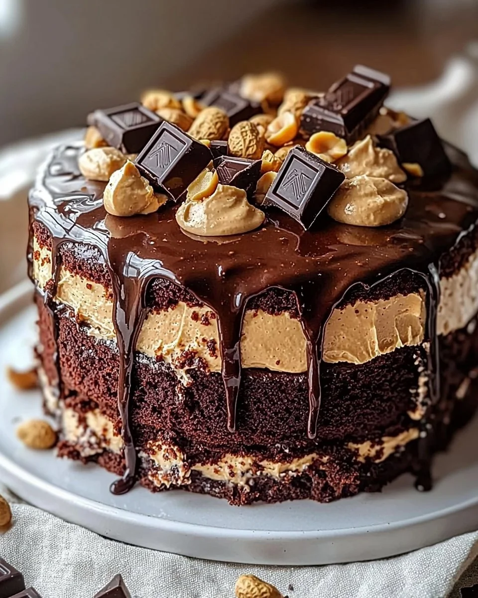 Decadent chocolate peanut butter ooey gooey cake with rich frosting and toppings