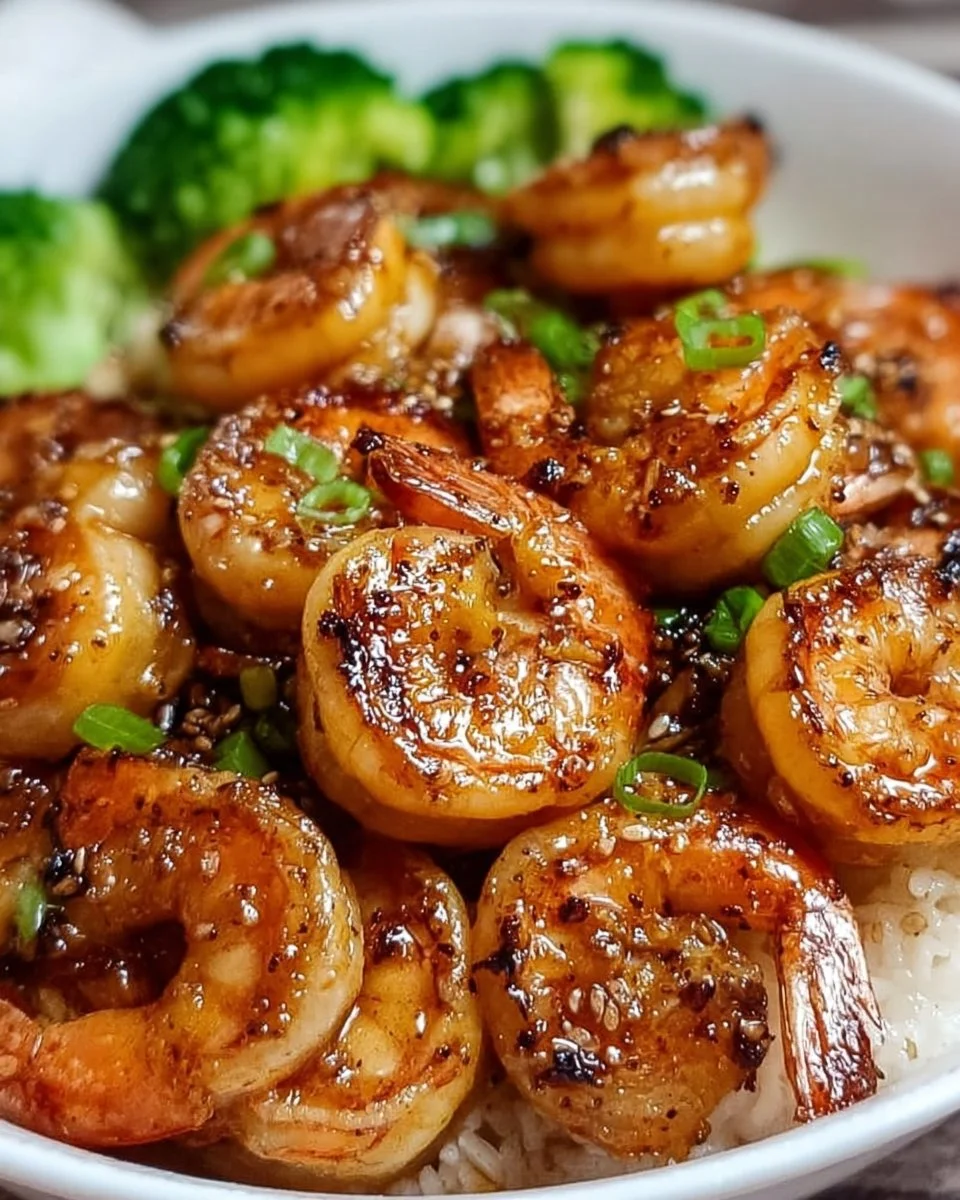 Plate of high-protein honey garlic shrimp garnished with herbs