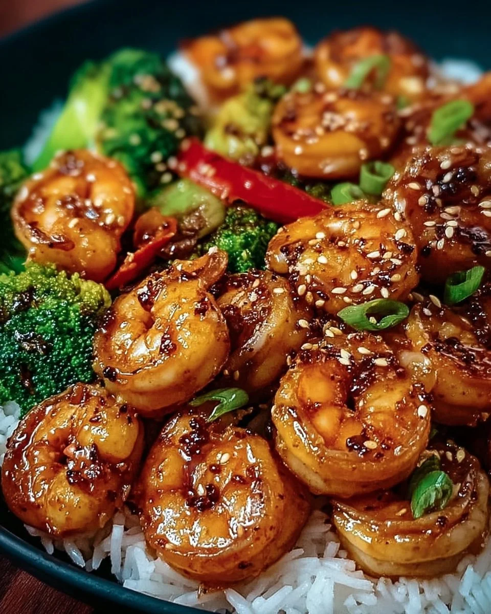 High-protein honey garlic shrimp dish with vibrant vegetables