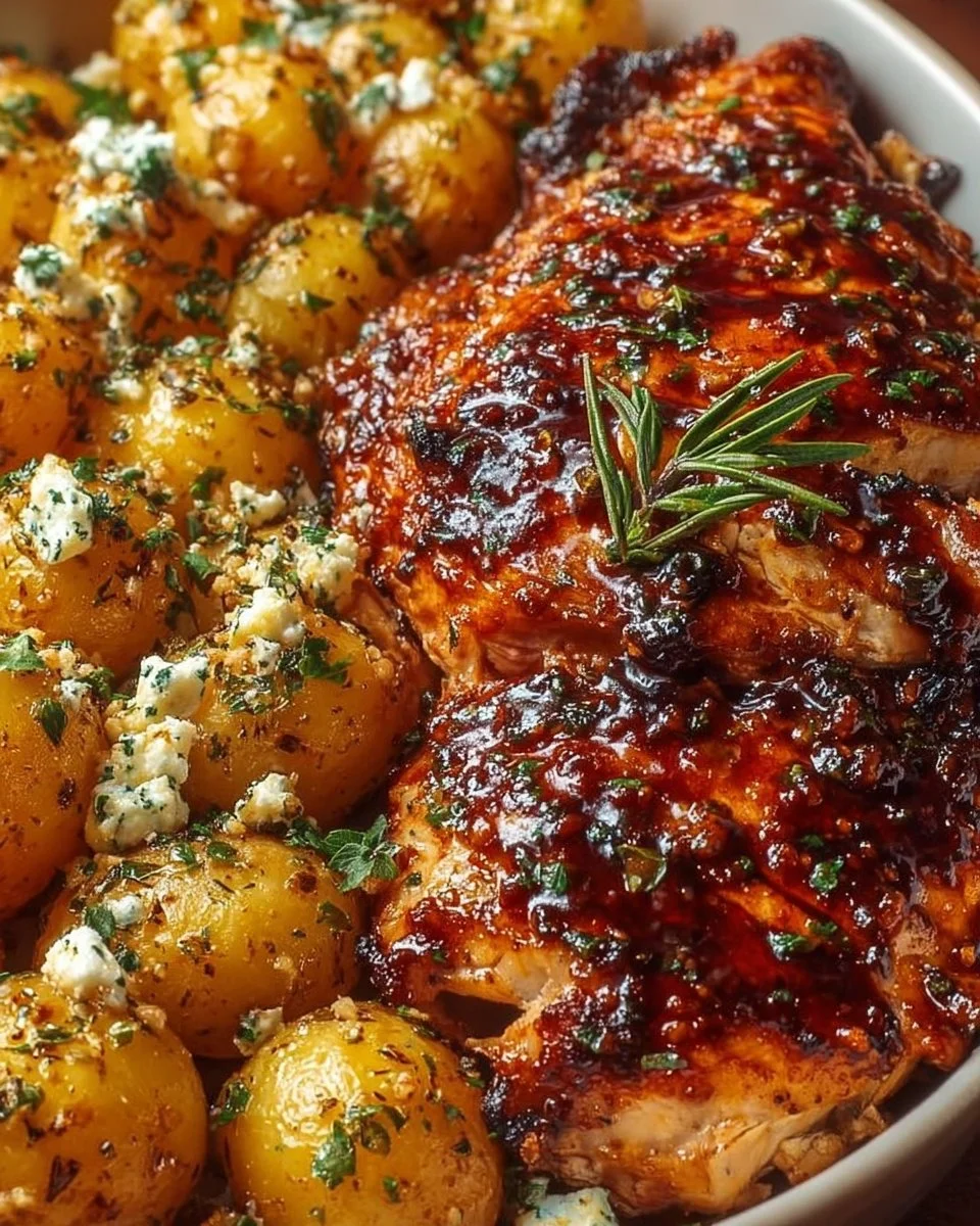 Delicious Honey BBQ Chicken served with garlic parmesan potatoes