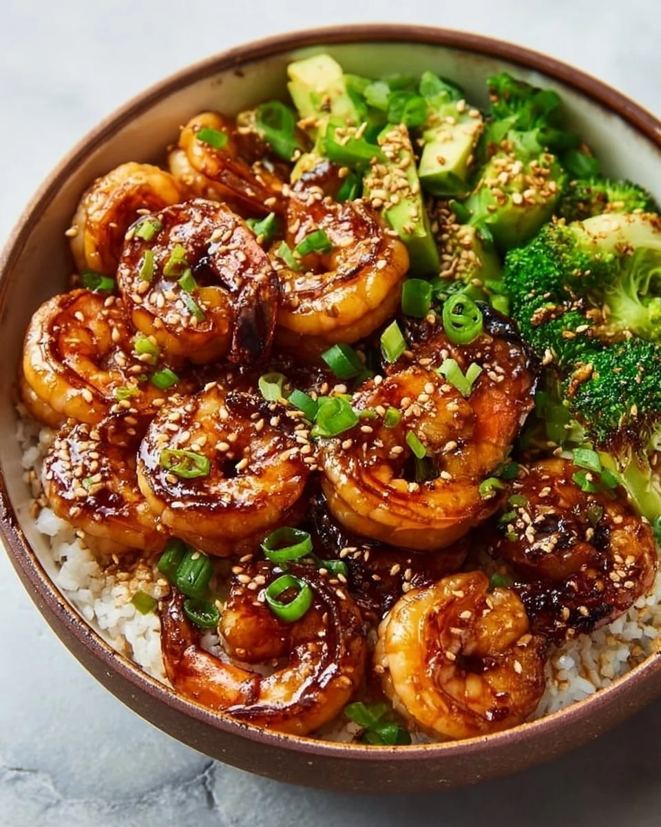 Delicious Honey Garlic Shrimp Bowl served with rice and veggies