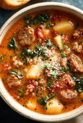 A bowl of hearty Italian Sausage Soup with vegetables and herbs