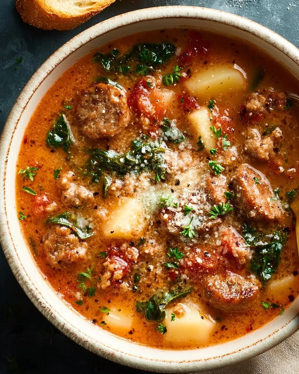 A bowl of hearty Italian Sausage Soup with vegetables and herbs