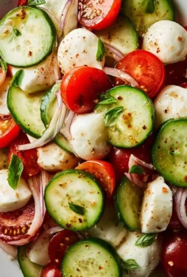 Juicy Cucumber Caprese Salad featuring fresh tomatoes, mozzarella, and basil.