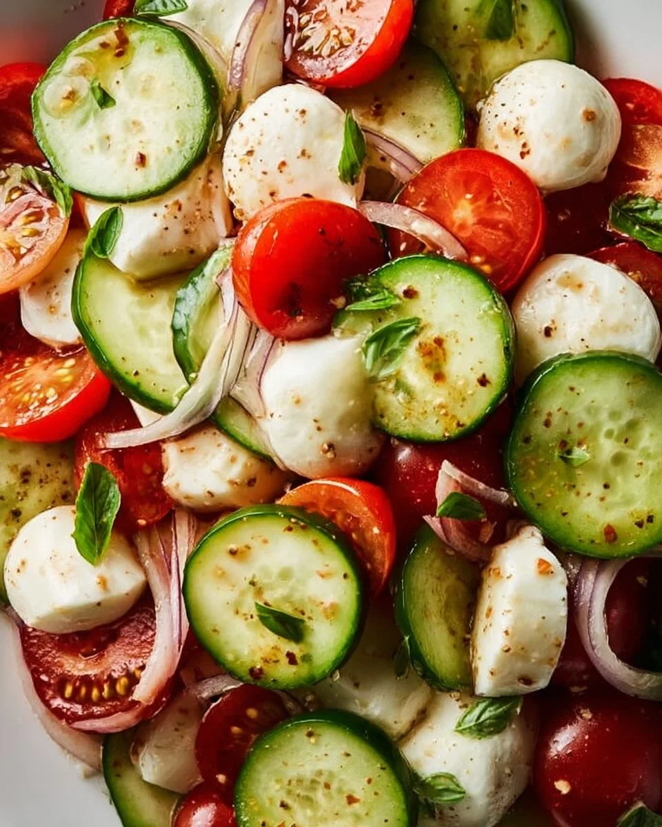 Juicy Cucumber Caprese Salad featuring fresh tomatoes, mozzarella, and basil.