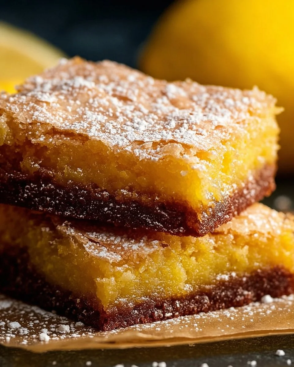 A plate of homemade lemon brownies topped with a dusting of powdered sugar.