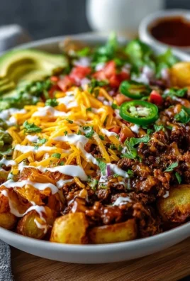 Delicious loaded potato taco bowl topped with fresh vegetables and salsa