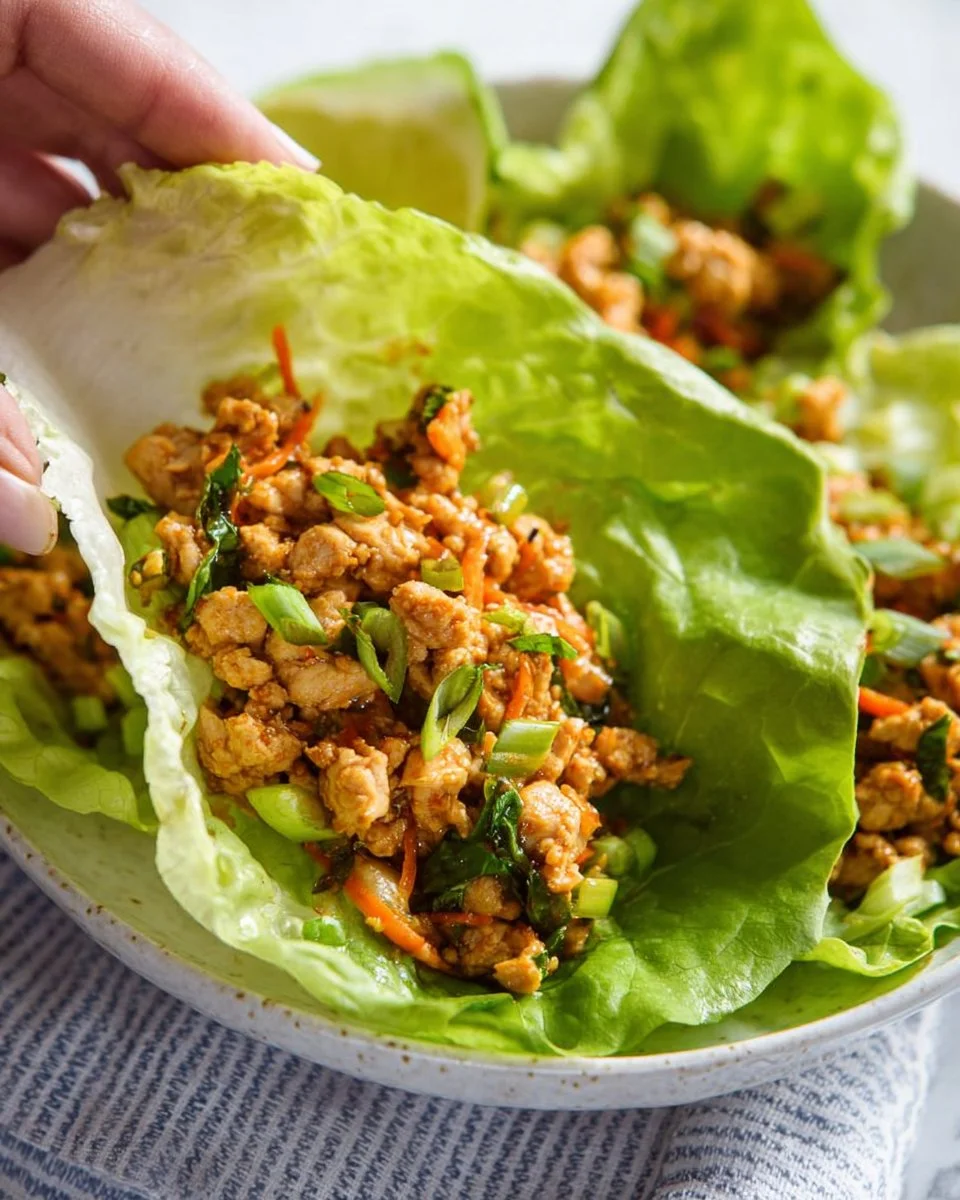 Low carb Thai chicken lettuce wraps with fresh vegetables and herbs