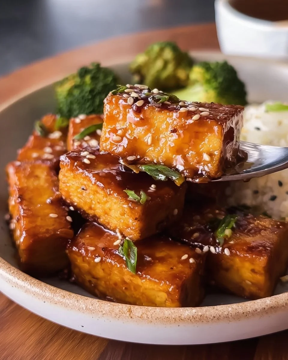 Plate of maple glazed tofu garnished with vegetables