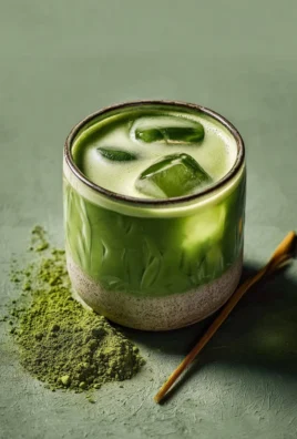 A refreshing matcha drink in a glass with a whisk and matcha powder