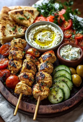 Mediterranean chicken skewers served with a colorful mezze tray for dinner