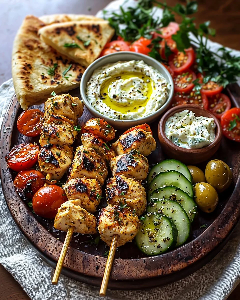 Mediterranean Chicken Skewers with Mezze Tray – Fresh, Flavorful & Easy Dinner