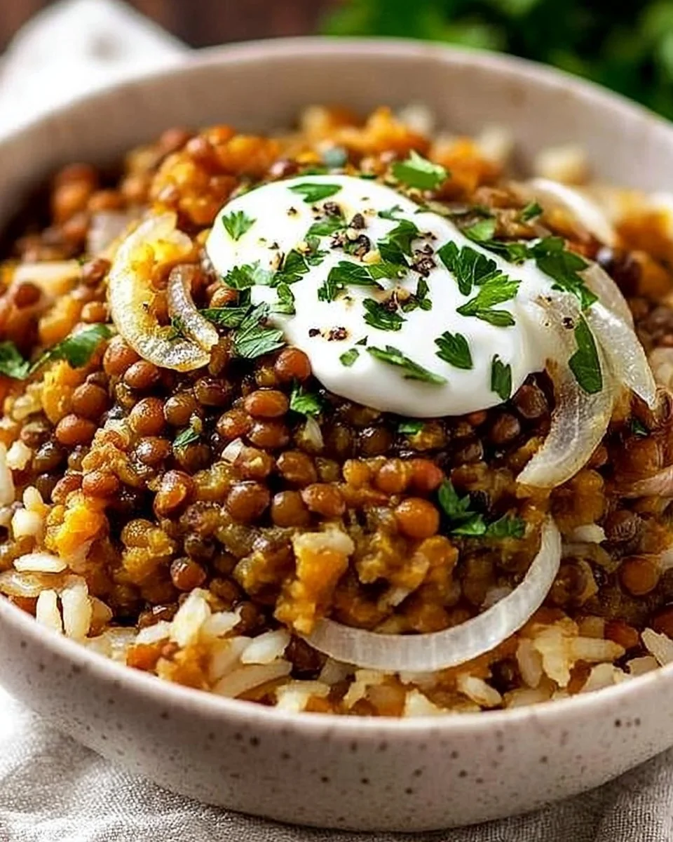 Plate of mujadara, a traditional Middle Eastern dish with lentils and rice.