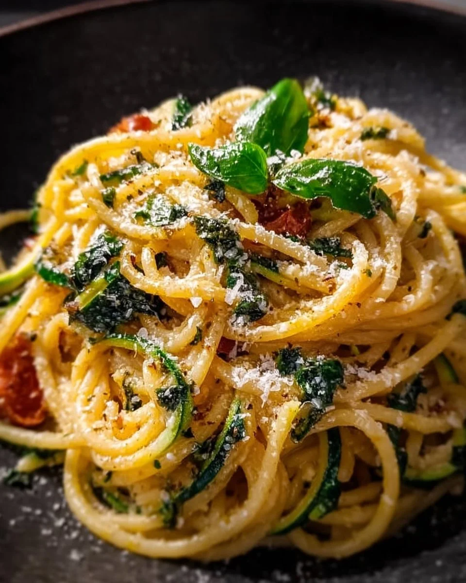 Delicious plate of Nerano Spaghetti topped with cheese and zucchini