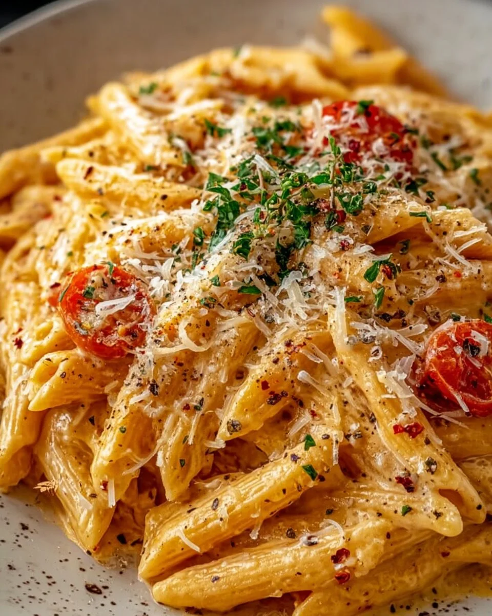 One Pot Creamy Garlic Pasta topped with fresh herbs