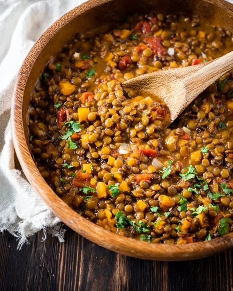 One Pot Mexican Lentils served in a bowl with fresh herbs and spices